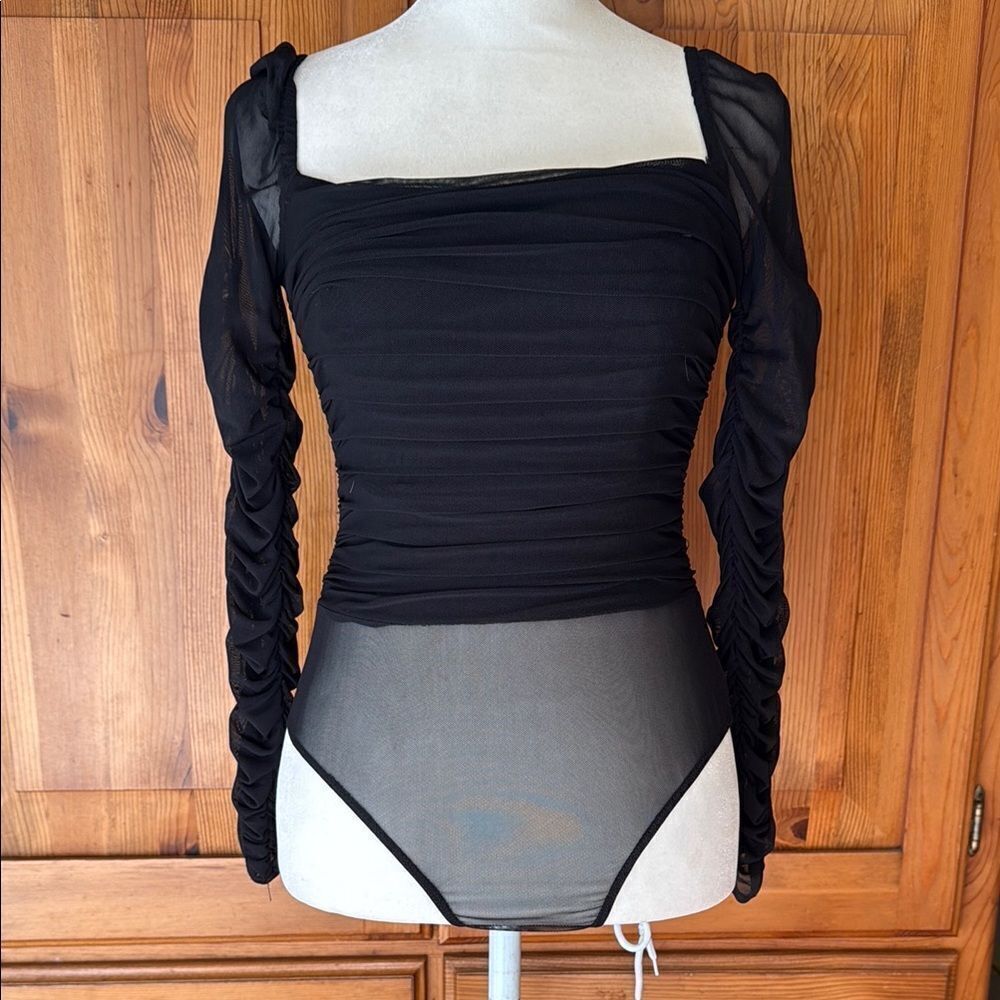Hello Molly Elegant Black Ruched Mesh body suit. Size Small. Black.